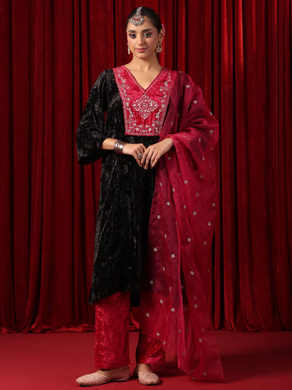 Women's Embroidered Patchwork Velvet Kurta Set