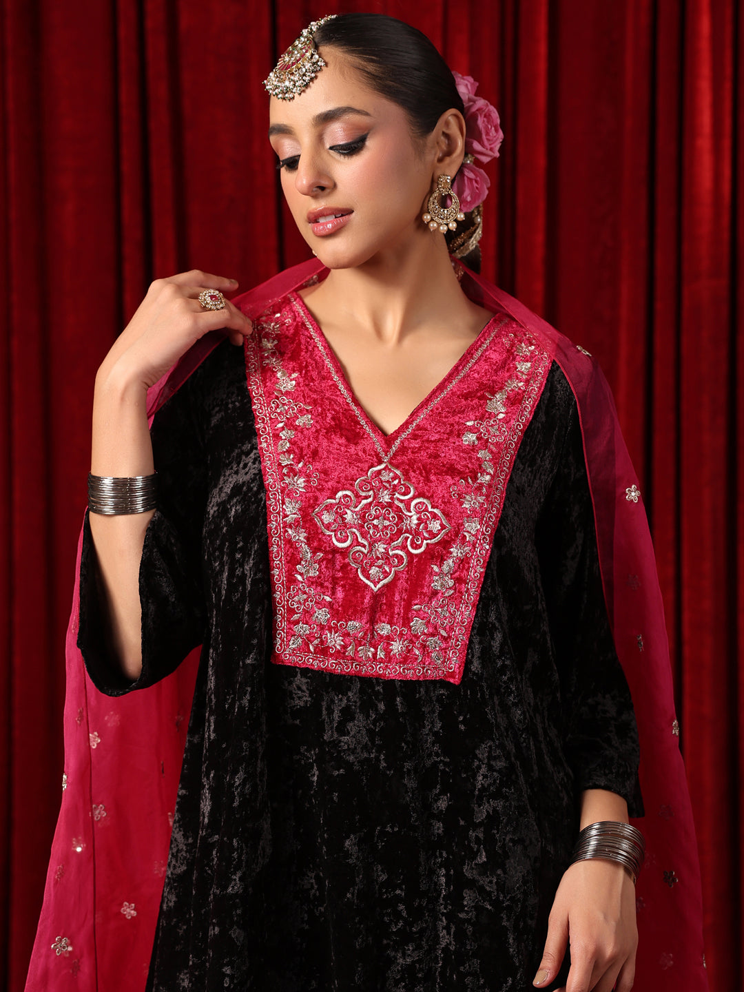 Women's Embroidered Patchwork Velvet Kurta Set
