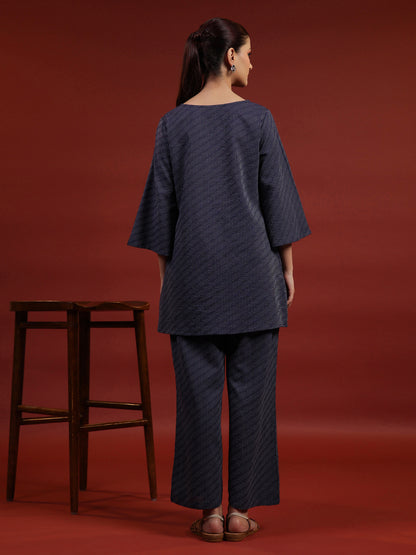 Women's Navy Blue Cotton A line Kurta with Trousers