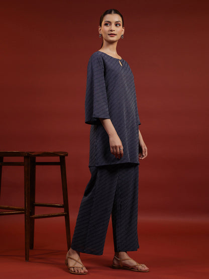 Women's Navy Blue Cotton A line Kurta with Trousers