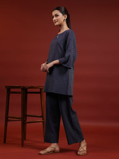Women's Navy Blue Cotton A line Kurta with Trousers