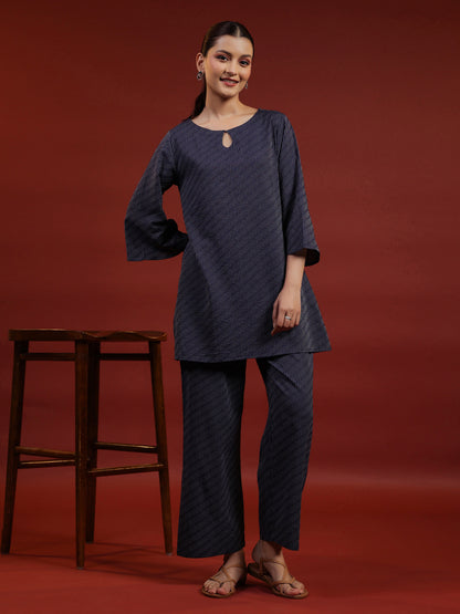Women's Navy Blue Cotton A line Kurta with Trousers