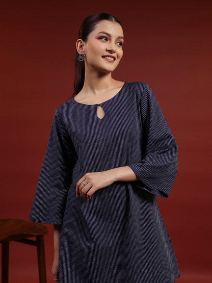 Women's Navy Blue Cotton A line Kurta with Trousers