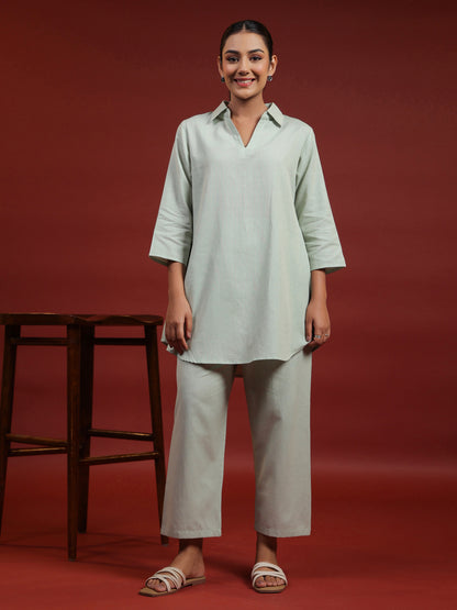 Women's Green Cotton Collared Short Kurta Top with Trousers