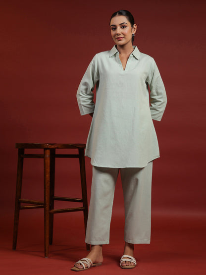 Women's Green Cotton Collared Short Kurta Top with Trousers