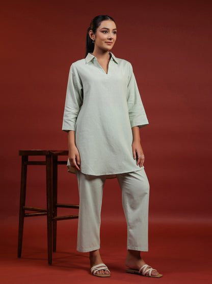Women's Green Cotton Collared Short Kurta Top with Trousers