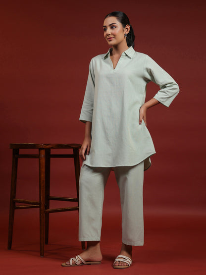 Women's Green Cotton Collared Short Kurta Top with Trousers