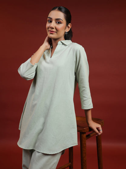 Women's Green Cotton Collared Short Kurta Top with Trousers