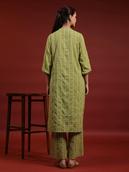 Womens's Green Cotton Button Up Kurta with Trousers