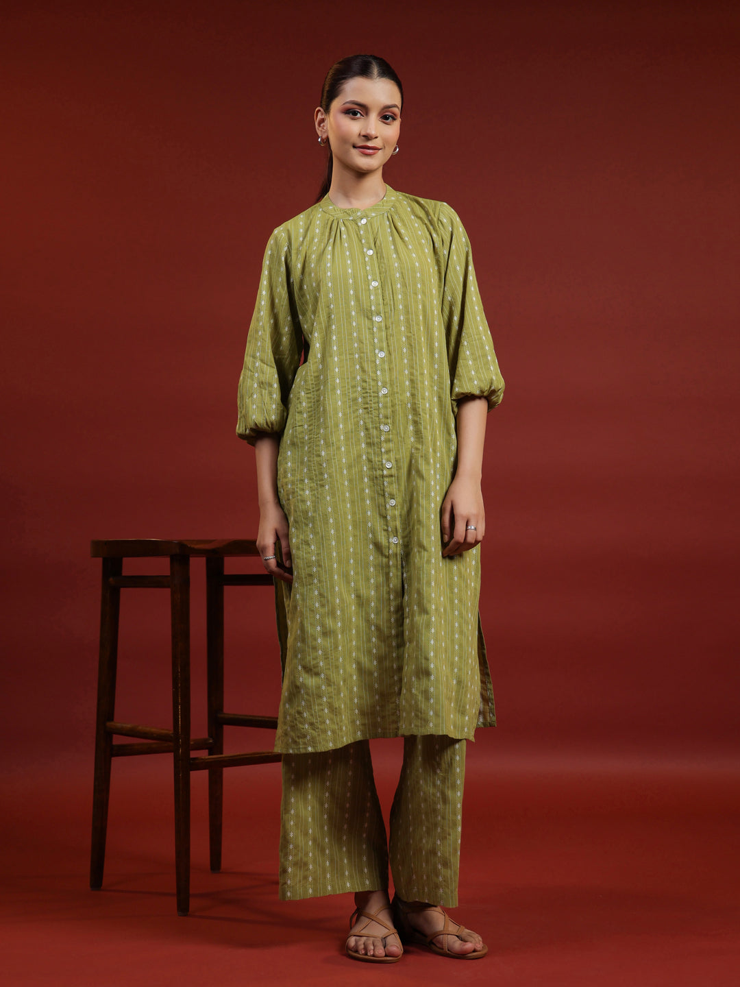 Womens's Green Cotton Button Up Kurta with Trousers