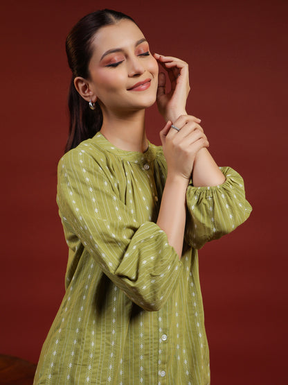 Womens's Green Cotton Button Up Kurta with Trousers