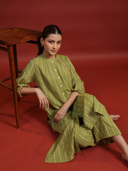 Womens's Green Cotton Button Up Kurta with Trousers