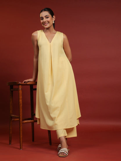 Women's Yellow Cotton A line Kurta with Trousers
