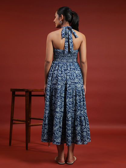 Women's Blue Printed Tier Dress
