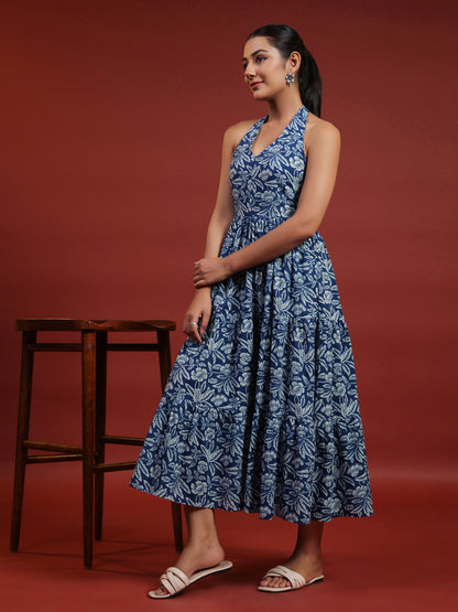 Women's Blue Printed Tier Dress