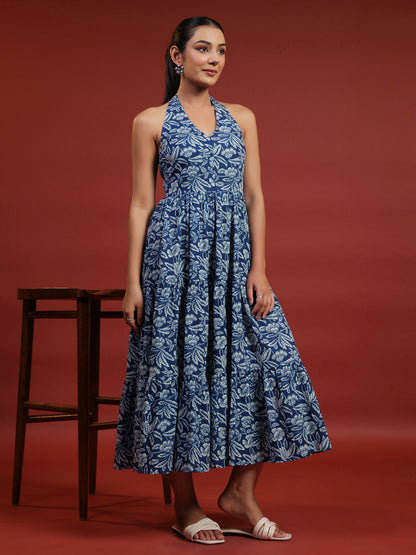 Women's Blue Printed Tier Dress