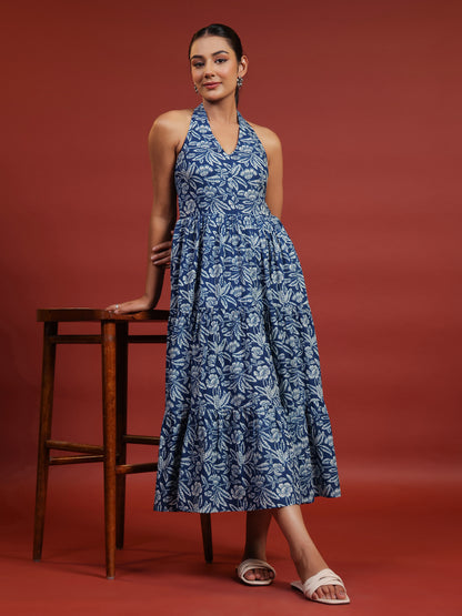 Women's Blue Printed Tier Dress