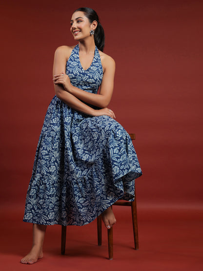 Women's Blue Printed Tier Dress