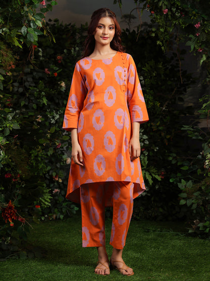 Women's Designer Orange Printed Cotton Suit Set