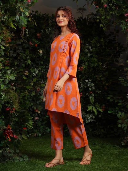 Women's Designer Orange Printed Cotton Suit Set