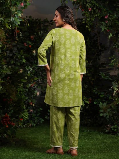 Women's Pistachio Printed Cotton Suit Set