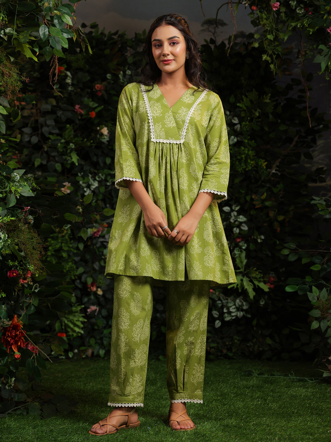 Women's Pistachio Printed Cotton Suit Set