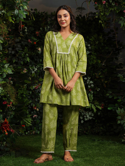 Women's Pistachio Printed Cotton Suit Set