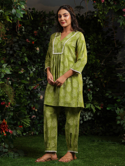Women's Pistachio Printed Cotton Suit Set