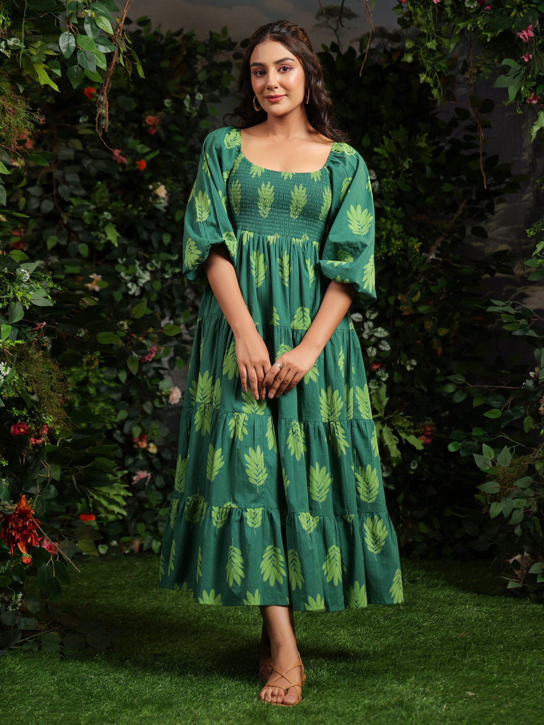 Buy Women's Green long dress with balloon sleeves Online in India