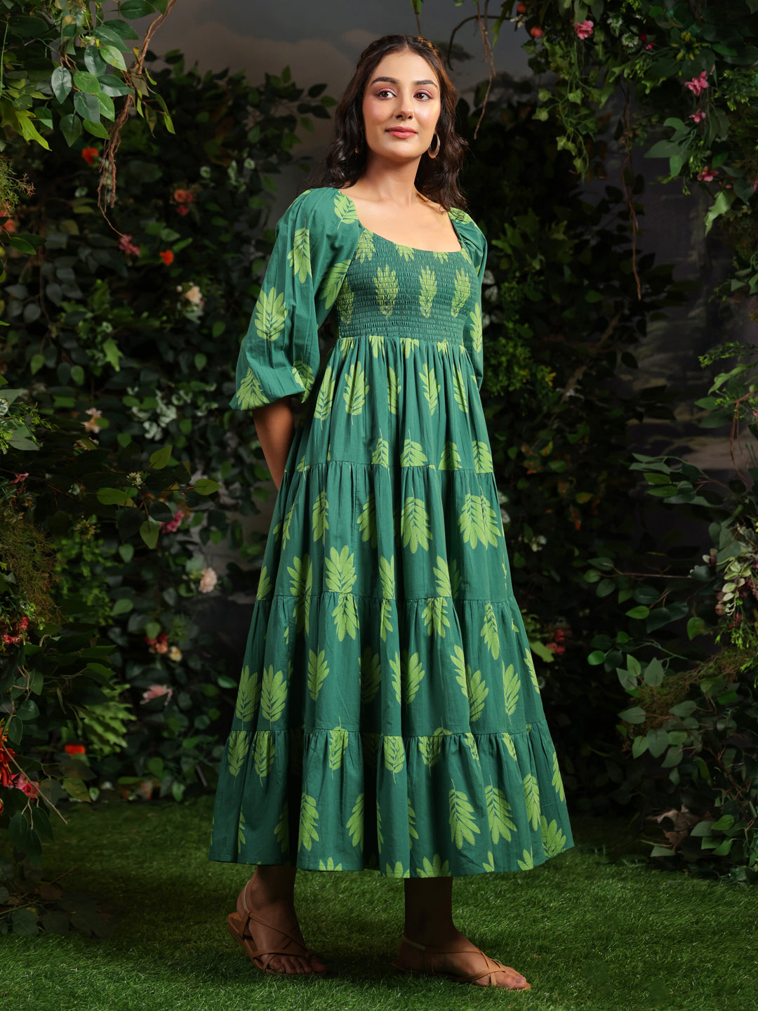 Buy Women's Green long dress with balloon sleeves Online in India | Anayna Buy Women's Green long dress with balloon sleeves Online in India | Anayna