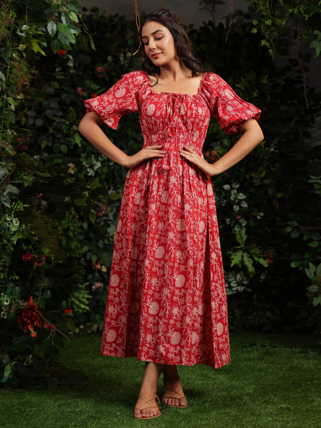 Women's Red long Cotton dress with balloon sleeves XS