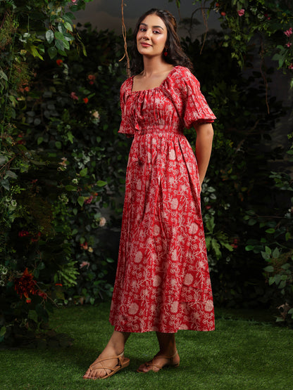 Women's Red long Cotton dress with balloon sleeves