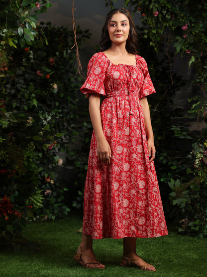 Women's Red long Cotton dress with balloon sleeves