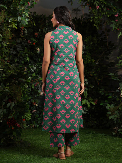 Women's Green & Pink Printed Cotton Suit Set