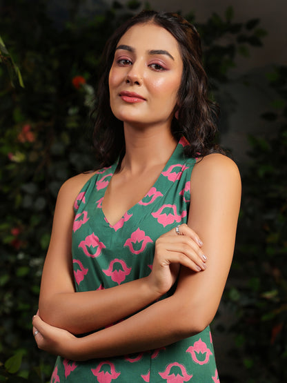 Women's Green & Pink Printed Cotton Suit Set