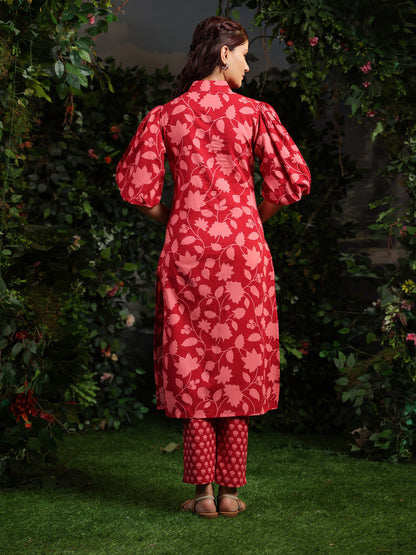 Women's Floral Red Printed Cotton Suit Set