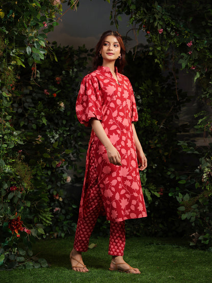 Women's Floral Red Printed Cotton Suit Set