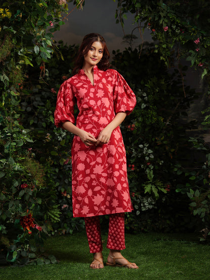 Women's Floral Red Printed Cotton Suit Set