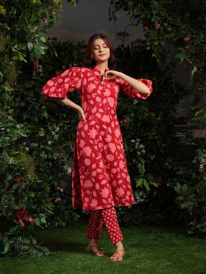 Women's Floral Red Printed Cotton Suit Set