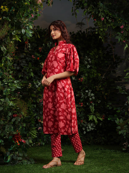 Women's Floral Red Printed Cotton Suit Set