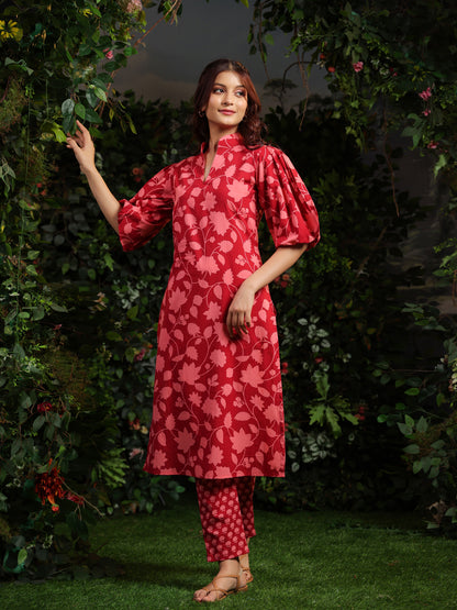 Women's Floral Red Printed Cotton Suit Set