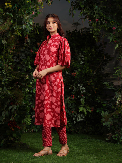 Women's Floral Red Printed Cotton Suit Set