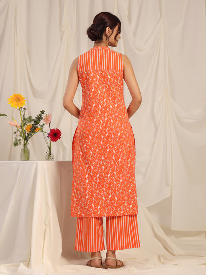 Women's Orange Printed Cotton Suit Set
