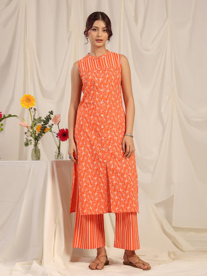 Women's Orange Printed Cotton Suit Set