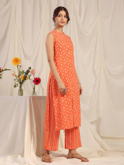 Women's Orange Printed Cotton Suit Set
