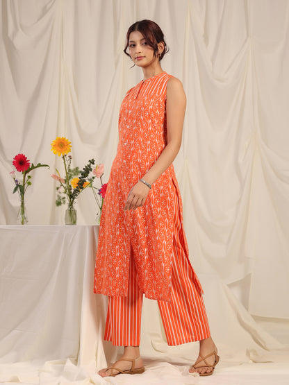 Women's Orange Printed Cotton Suit Set