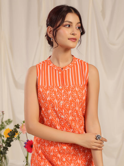 Women's Orange Printed Cotton Suit Set