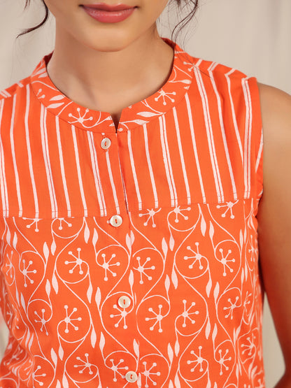 Women's Orange Printed Cotton Suit Set