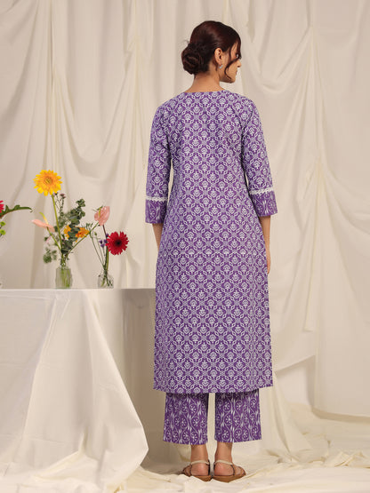 Women's Purple Printed Straight Kurta with trouser