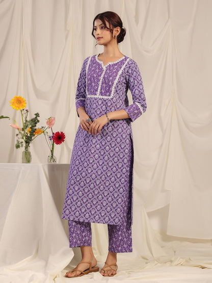 Women's Purple Printed Straight Kurta with trouser
